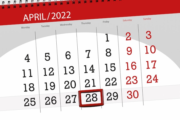 Planejador de calendário para o mês de abril de 2022 prazo dia 28 quinta-feira