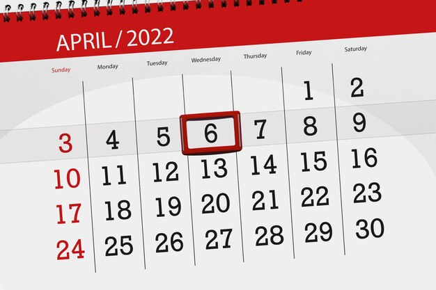 Planejador de calendário para o mês de abril de 2022 prazo dia 6 quarta-feira