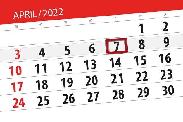 Planejador de calendário para o mês de abril de 2022 prazo dia 7 quinta-feira