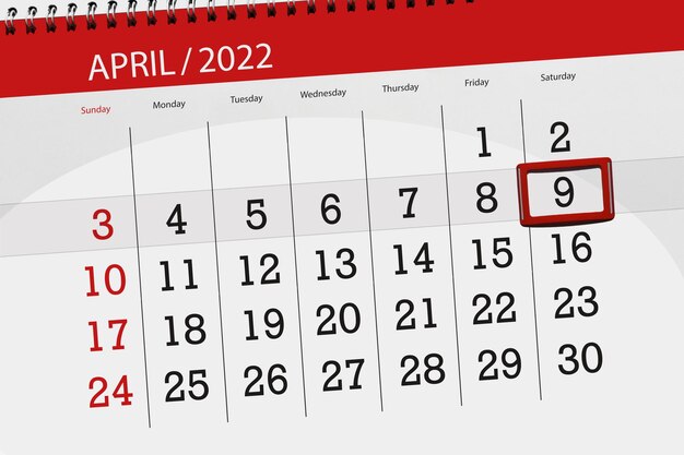 Planejador de calendário para o mês de abril de 2022 prazo dia 9 sábado