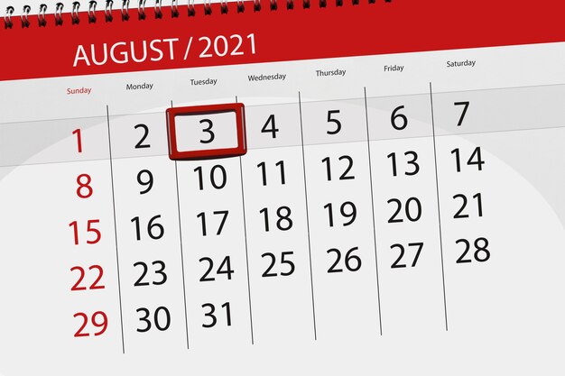 Planejador de calendário para o mês de agosto de 2021, prazo final, 3, terça-feira.