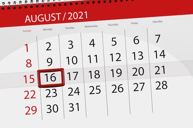 Planejador de calendário para o mês de agosto de 2021, prazo final dia, 16, segunda-feira.