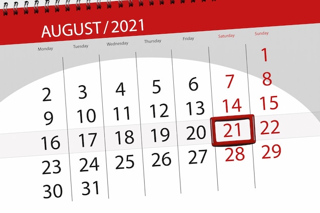 Planejador de calendário para o mês de agosto de 2021, prazo final dia 21, sábado.