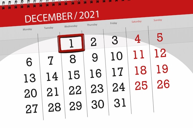 Planejador de calendário para o mês de dezembro de 2021, prazo final, 1º, quarta-feira.