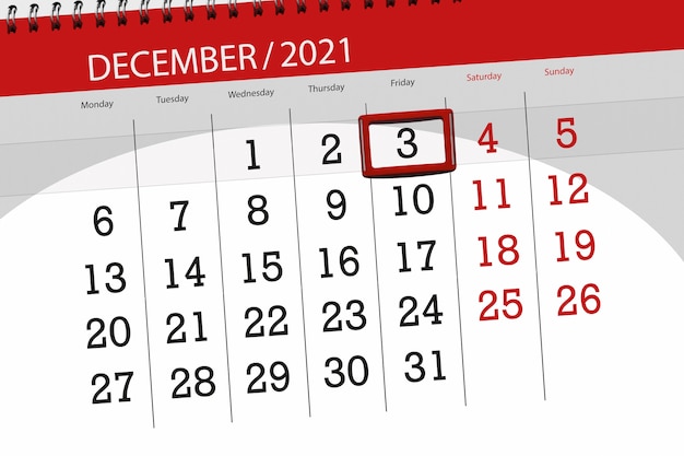 Planejador de calendário para o mês de dezembro de 2021, prazo final dia, 3, sexta-feira.