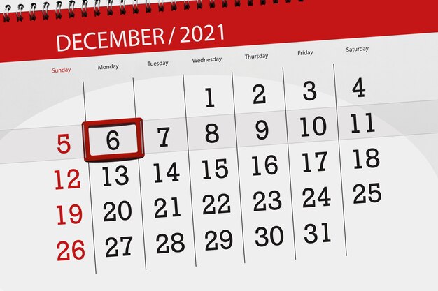 Planejador de calendário para o mês de dezembro de 2021, prazo final dia, 6, segunda-feira.