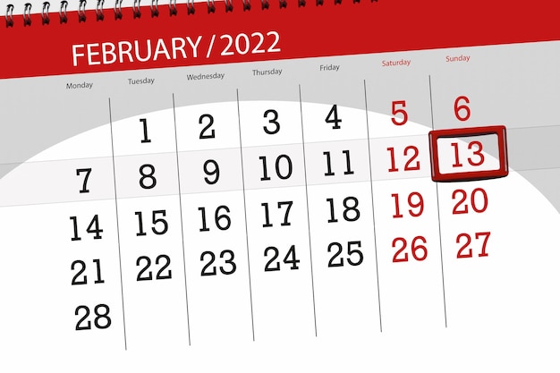 Planejador de calendário para o mês de fevereiro de 2022, dia do prazo, 13, domingo.