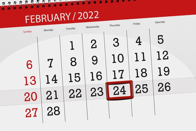 Planejador de calendário para o mês de fevereiro de 2022, dia do prazo, 24, quinta-feira.