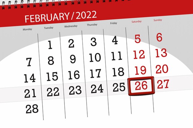 Planejador de calendário para o mês de fevereiro de 2022, dia do prazo, 26, sábado.