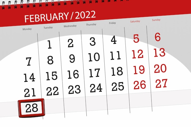 Planejador de calendário para o mês de fevereiro de 2022, dia do prazo, 28, segunda-feira.