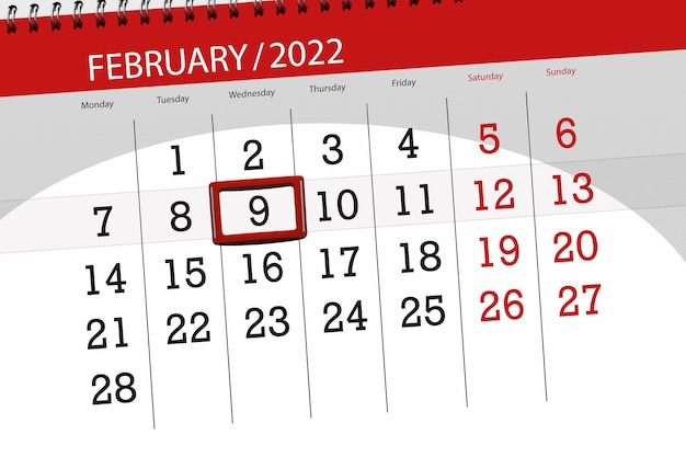 Planejador de calendário para o mês de fevereiro de 2022, dia do prazo, 9, quarta-feira.