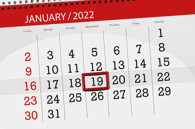 Planejador de calendário para o mês de janeiro de 2022, prazo final, 19, quarta-feira.