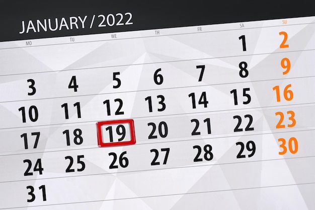 Planejador de calendário para o mês de janeiro de 2022, prazo final, 19, quarta-feira.