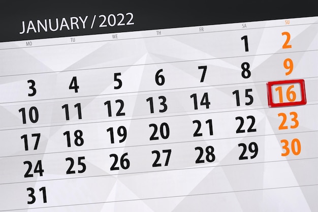 Planejador de calendário para o mês de janeiro de 2022, prazo final dia, 16, domingo.