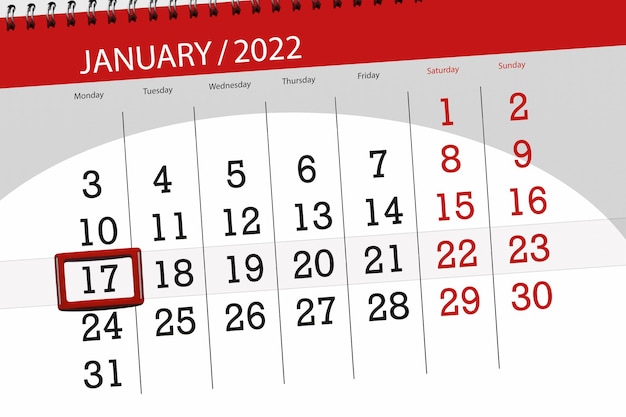 Planejador de calendário para o mês de janeiro de 2022, prazo final dia, 17, segunda-feira.