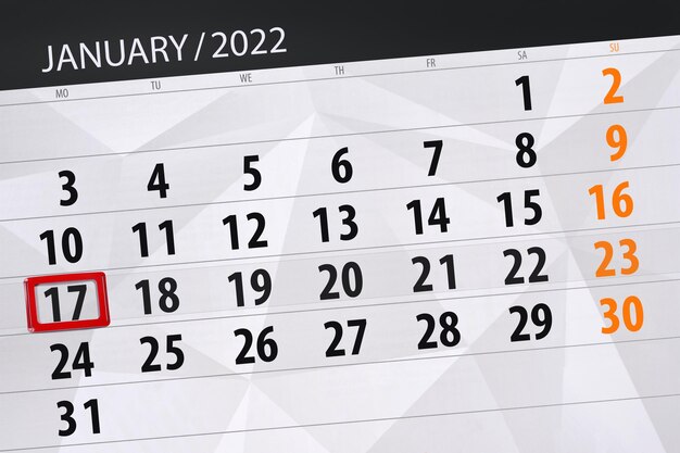 Planejador de calendário para o mês de janeiro de 2022, prazo final dia, 17, segunda-feira.