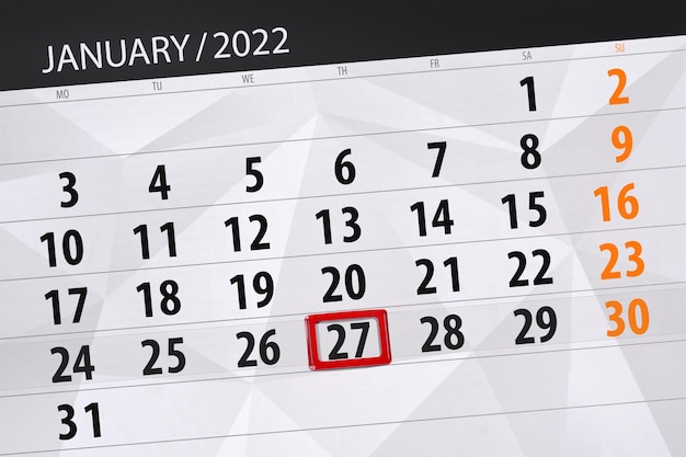 Planejador de calendário para o mês de janeiro de 2022, prazo final dia 27, quinta-feira.