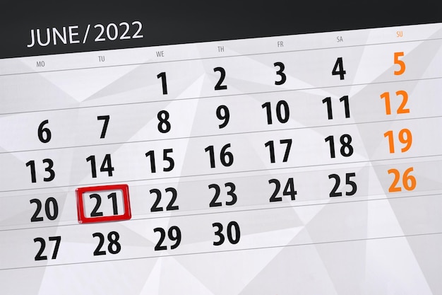 Planejador de calendário para o mês de junho de 2022 prazo dia 21 terça-feira