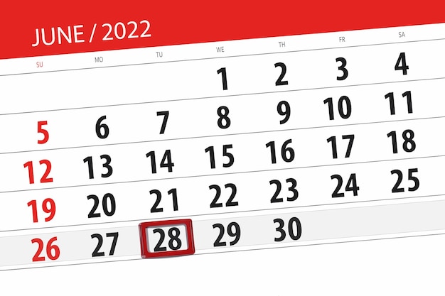 Planejador de calendário para o mês de junho de 2022 prazo dia 28 terça-feira