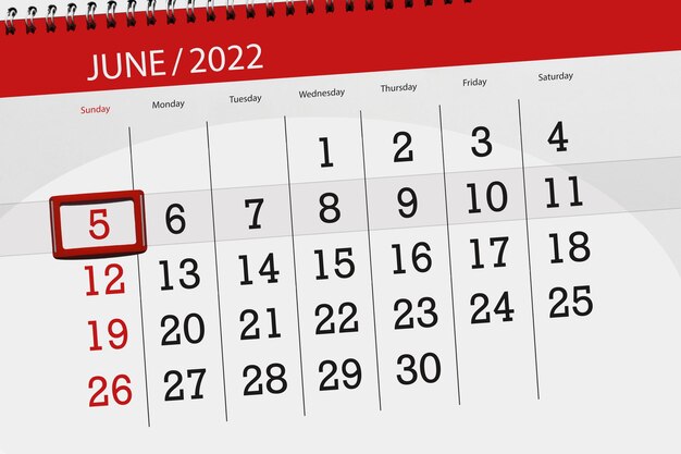 Planejador de calendário para o mês de junho de 2022 prazo dia 5 domingo