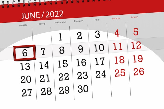 Planejador de calendário para o mês de junho de 2022 prazo dia 6 segunda-feira