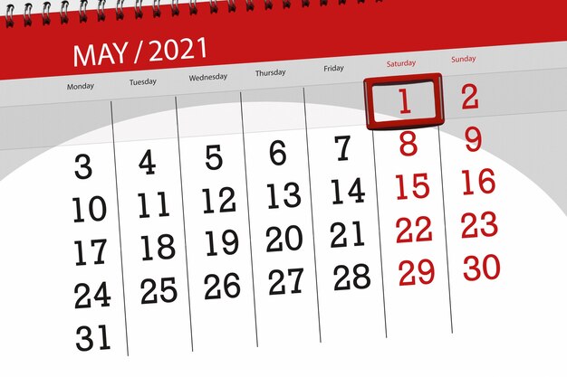 Planejador de calendário para o mês de maio de 2021, deadline day, 1, sábado.