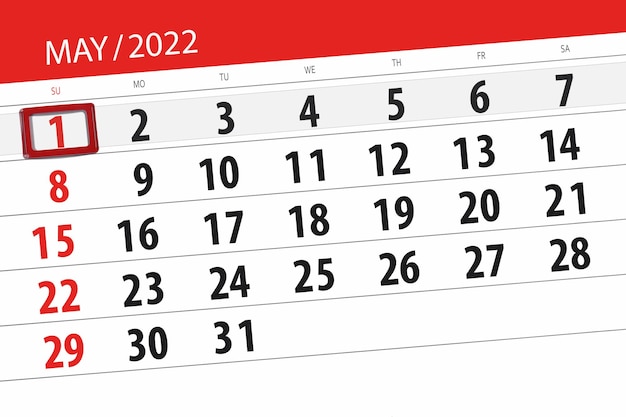 Planejador de calendário para o mês de maio de 2022 prazo dia 1 domingo