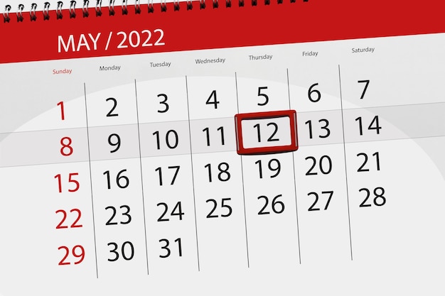 Planejador de calendário para o mês de maio de 2022 prazo dia 12 quinta-feira