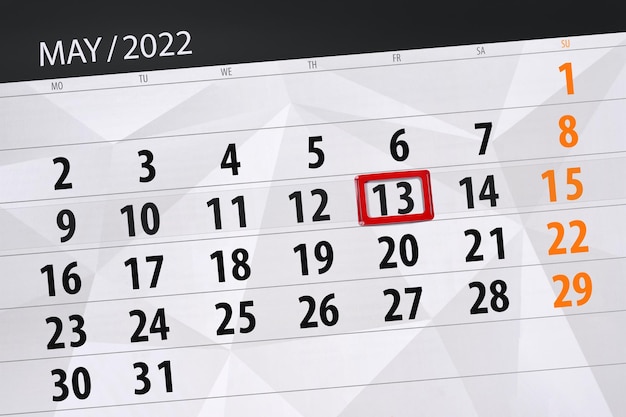 Planejador de calendário para o mês de maio de 2022 prazo dia 13 sexta-feira