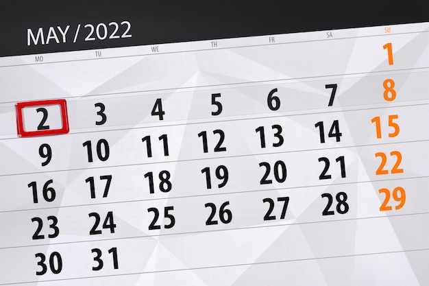 Planejador de calendário para o mês de maio de 2022 prazo dia 2 segunda-feira