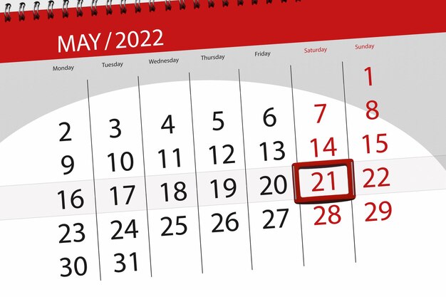 Planejador de calendário para o mês de maio de 2022 prazo dia 21 sábado