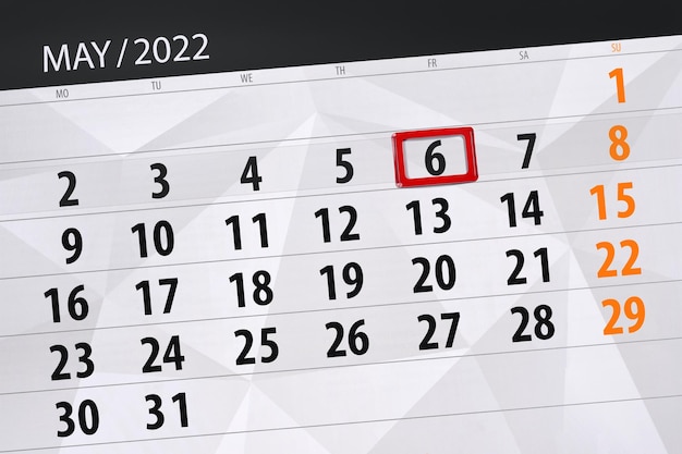 Planejador de calendário para o mês de maio de 2022 prazo dia 6 sexta-feira