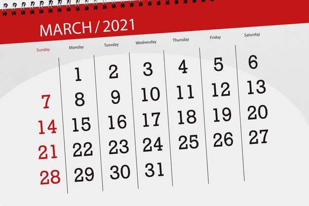 Planejador de calendário para o mês de março de 2021, dia do prazo final.