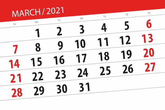 Planejador de calendário para o mês de março de 2021, dia do prazo final.