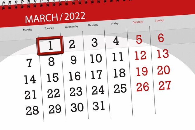 Planejador de calendário para o mês de março de 2022, dia do prazo, 1, terça-feira.