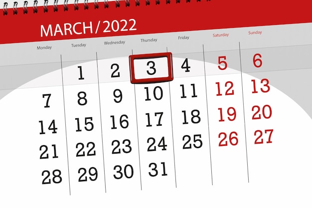 Planejador de calendário para o mês de março de 2022, dia do prazo, 3, quinta-feira.
