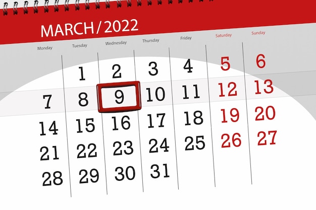 Planejador de calendário para o mês de março de 2022, dia do prazo, 9, quarta-feira.