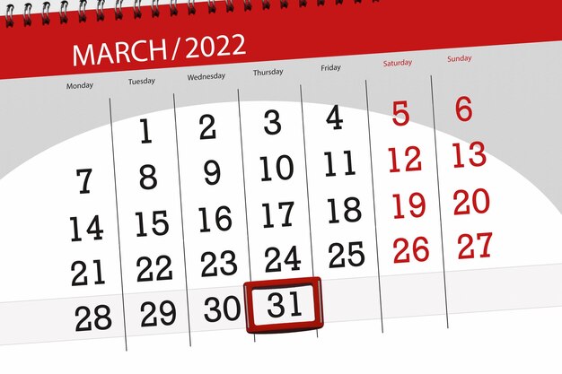 Planejador de calendário para o mês de março de 2022 prazo dia 31 quinta-feira