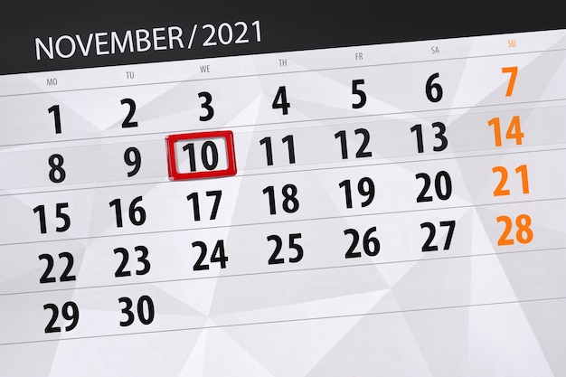 Planejador de calendário para o mês de novembro de 2021, prazo final, 10, quarta-feira.