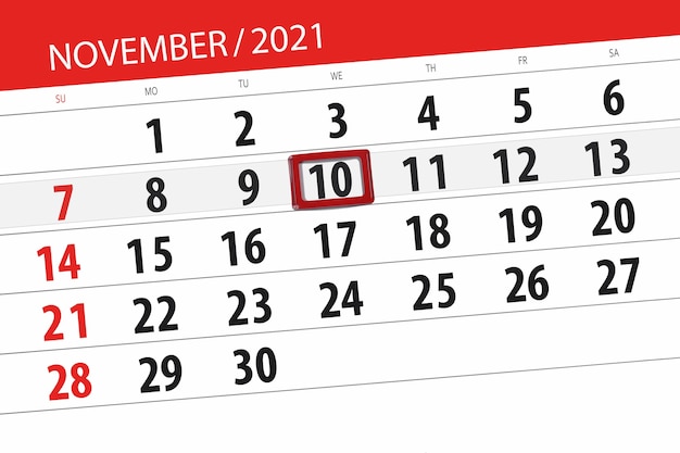 Planejador de calendário para o mês de novembro de 2021, prazo final, 10, quarta-feira.
