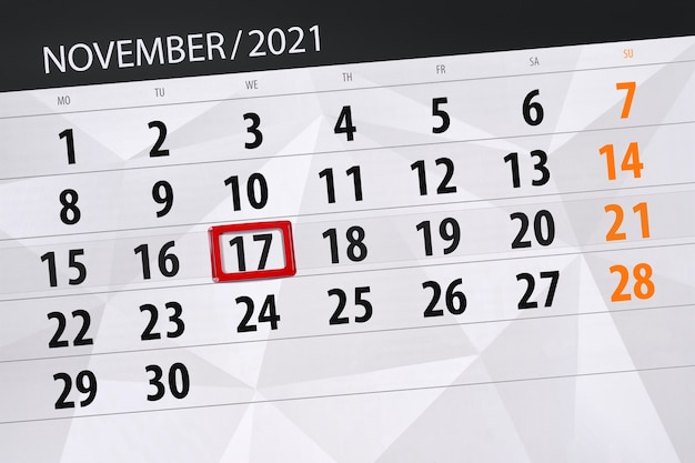 Planejador de calendário para o mês de novembro de 2021, prazo final, 17, quarta-feira.