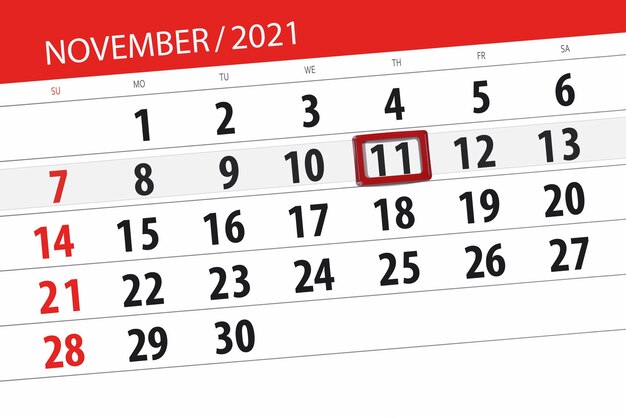 Planejador de calendário para o mês de novembro de 2021, prazo final dia, 11, quinta-feira.