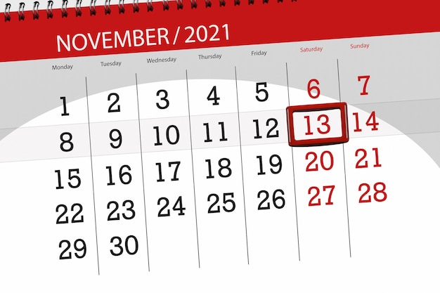 Planejador de calendário para o mês de novembro de 2021, prazo final dia, 13, sábado.