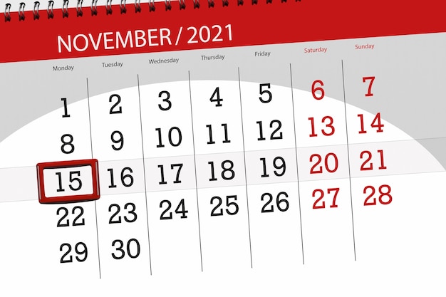 Planejador de calendário para o mês de novembro de 2021, prazo final dia, 15, segunda-feira.