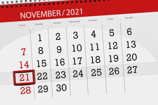 Planejador de calendário para o mês de novembro de 2021, prazo final dia 21, domingo.