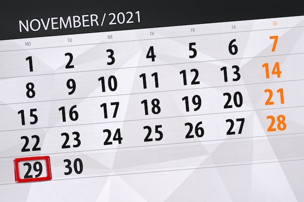 Planejador de calendário para o mês de novembro de 2021, prazo final dia, 29, segunda-feira.