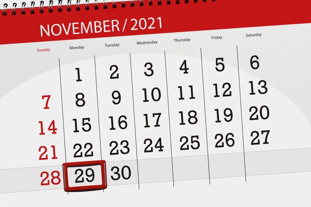 Planejador de calendário para o mês de novembro de 2021, prazo final dia, 29, segunda-feira.