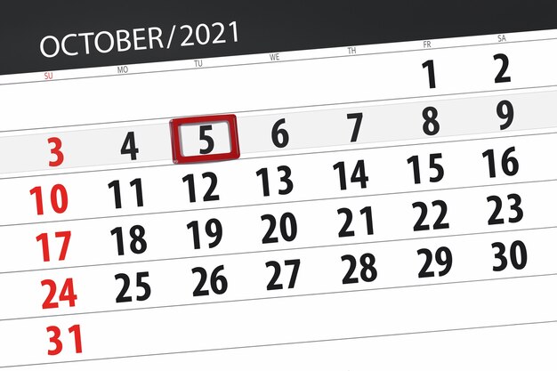 Planejador de calendário para o mês de outubro de 2021, deadline day, 5, terça.