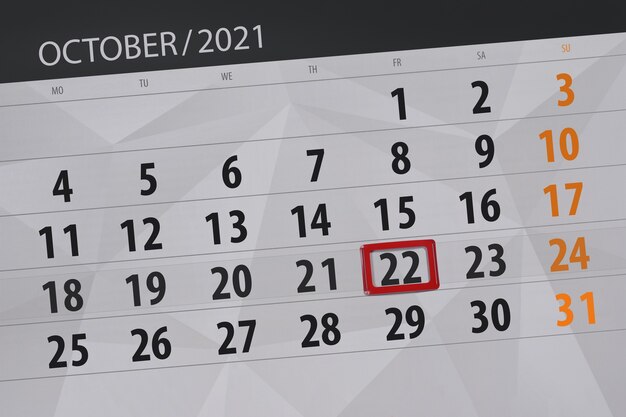 Planejador de calendário para o mês de outubro de 2021, prazo final dia 22, sexta-feira.