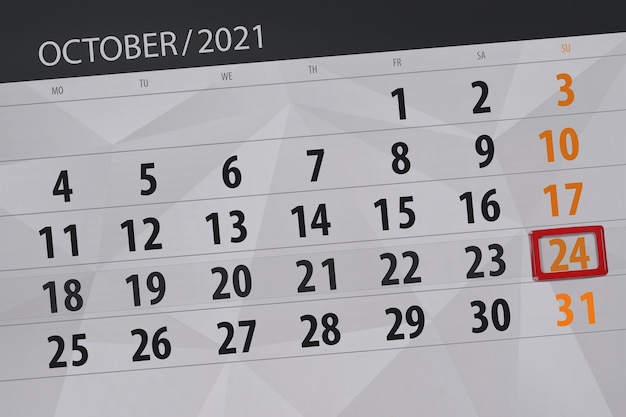 Planejador de calendário para o mês de outubro de 2021, prazo final dia, 24, domingo.